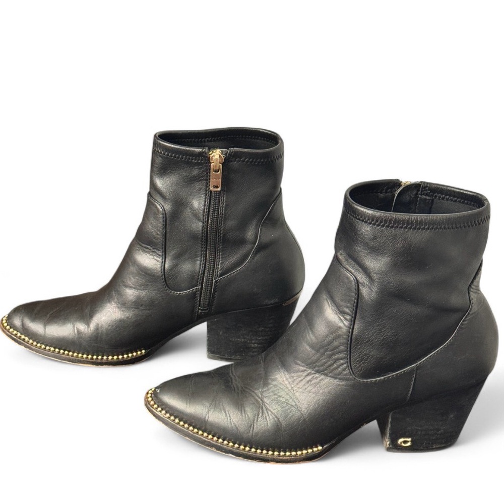 Coach Black Leather Ankle Booties Pointed Toe Block Heel Stud Sz 8.5 Mob Wife - Picture 6 of 12